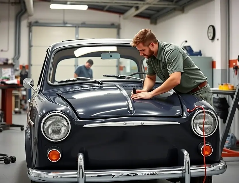 A Trabant P50 car with a technician carefully replacing the front windshield, showing the tools and process in a clean garage setting, realistic lighting, detailed car parts, no people other than the technician, no text or labels