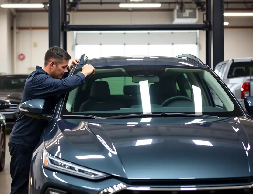 Замена лобового стекла Trumpchi GS4 A car mechanic replacing the front windshield of a Trumpchi GS4 vehicle in a well-lit auto repair shop, with tools and new windshield visible, no people in the frame, professional and clean environment