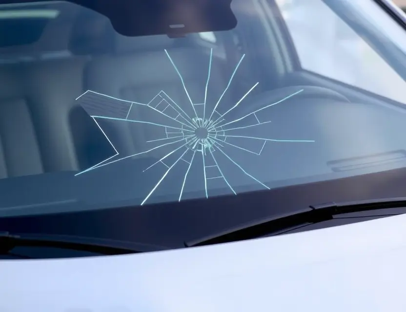 A close-up shot of a Kia Telluride with a cracked windshield, showing the damage clearly. The car is parked on a clean, slightly reflective surface. Focus on the cracked area and the surrounding glass.