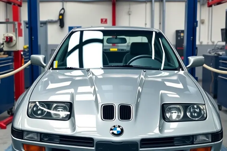 A detailed scene of an Alpina B3 3.0 R6 Biturbo (1993 model) in a professional garage, focusing on the front of the car as a mechanic replaces the windshield. The car is shown from the front quarter view, with the old windshield partially removed and a new glass being positioned. Tools, suction cups, and a clean work surface are visible, emphasizing the precision of the replacement process. The lighting is bright and realistic, highlighting the sleek lines of the vehicle and the clarity of the new windshield.