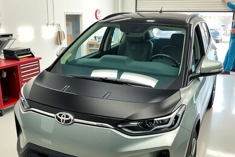 A BYD Atto 3 electric SUV with its front windshield being professionally removed and a new windshield being installed by a mechanic in a clean auto workshop, close-up view showing the car's sleek design, the open windshield frame, tools, and the new windshield ready to fit, realistic high-detail rendering