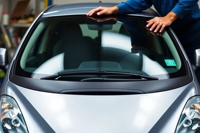 A detailed close-up of a mechanic installing a new windshield on a Lancia Ypsilon 1.2 L 69 hp (2011–present) in a workshop setting, showing the car's front, the new glass panel, and tools, with a focus on the replacement process.