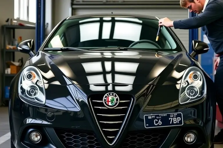 A realistic, high-detail scene of an Alfa Romeo Giulietta 1.6 JTDm (105 hp) in a workshop, with the front windshield being removed by a mechanic using professional tools, highlighting the car's distinctive front styling and the partially detached glass, captured with clear lighting and focus on the vehicle and replacement process