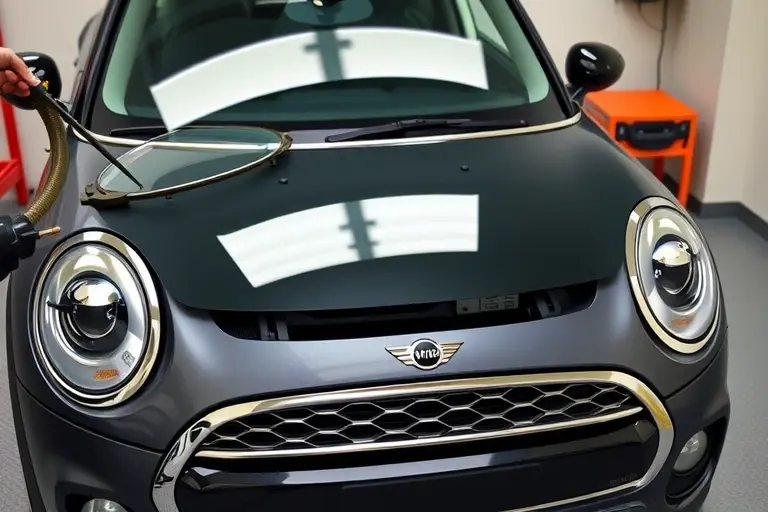 A close-up, high-resolution image of a Mini Cooper S 2.0 Turbo (2014) with its windshield partially removed, showing the car's front frame and the replacement glass being fitted. The scene includes automotive tools such as a suction cup, a glass holder, and a small workbench. The focus is on the precision of the glass fitting process, with clear visibility of the car's front bumper, headlights, and the new windshield's edges. The background is a clean, neutral garage setting with subtle lighting to highlight the glass and metal surfaces.