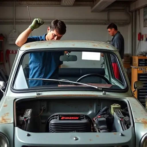 A mechanic in a garage replacing the windshield of an Autobianchi A112 (1971) car, showing the old glass being removed and the new glass being fitted, with tools and the car's front end visible