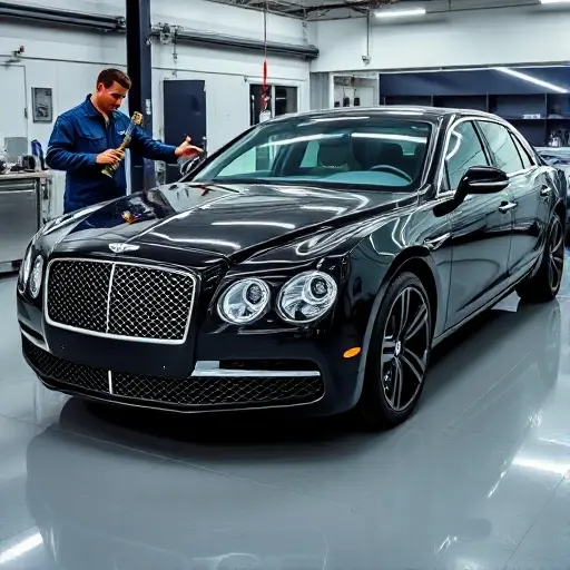A sleek black Bentley Flying Spur parked in a modern automotive service bay. The front windshield is replaced, showing a pristine, clear glass panel. A mechanic in blue coveralls stands beside the car, holding a set of specialized tools. The background features polished metal workstations, a subtle reflection of the car on a clean floor, and a high-end service environment with ambient lighting.