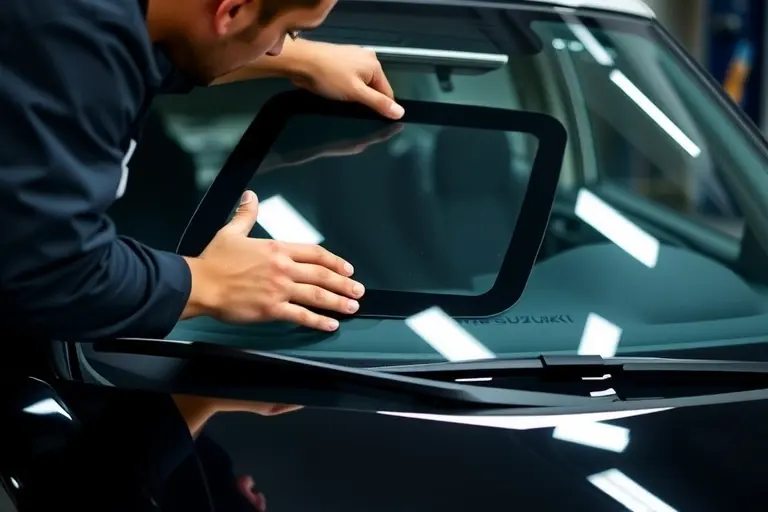 A detailed close-up of a mechanic replacing the windshield of a 2017 Suzuki Swift 1.4 Turbo, showing the new glass panel being fitted into the car's front, with tools and the car's interior visible, in a realistic style