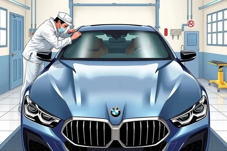 A high‑detail illustration of a luxury Alpina B7 (2019) in a professional garage setting, focusing on the front of the car where the windshield is being replaced. Show a skilled mechanic in clean workwear using specialized tools to remove the old windshield and install a new one, with the car's sleek lines and distinctive Alpina styling clearly visible. Emphasize the glass, the surrounding bodywork, and the precise, careful work environment.