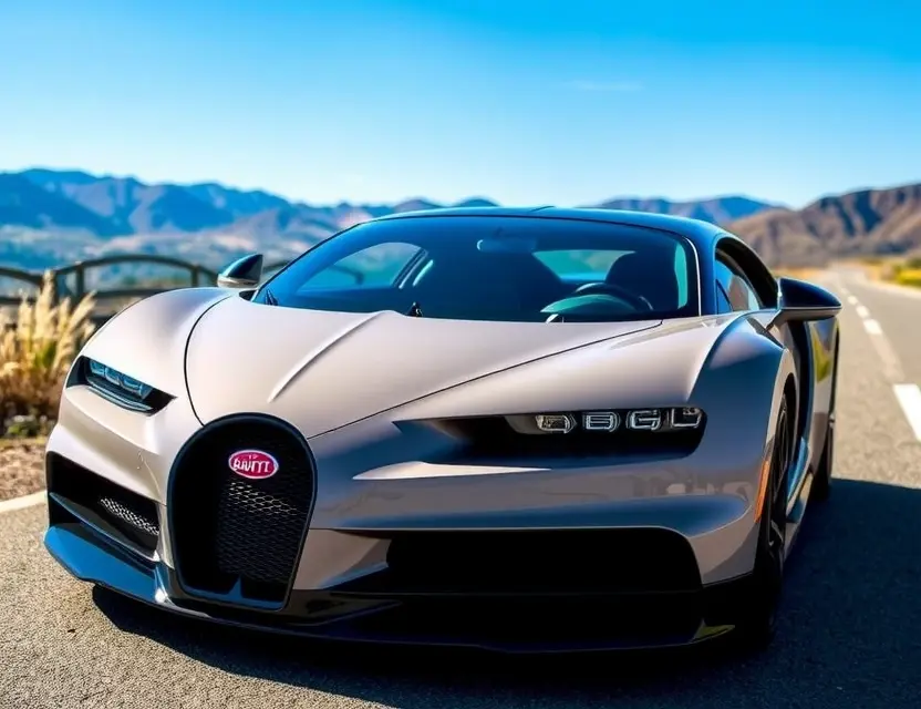 A Bugatti Chiron with a replaced windshield, showcasing the new glass. The car is parked on a scenic road, with a clear blue sky and mountains in the background. Focus on the clarity and quality of the replacement windshield.
