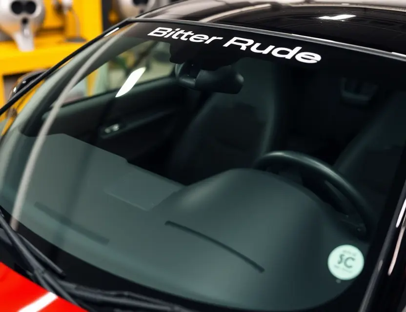 A close-up shot of a Bitter SC car with a replaced windshield. The new windshield is clear and seamless, integrating perfectly with the car's design. Focus on the details of the replacement, highlighting the quality of the new glass.