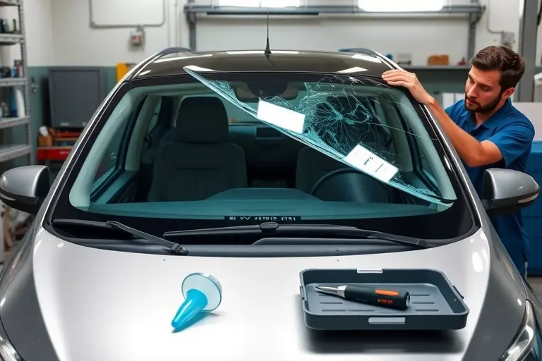 A skilled mechanic in a tidy garage is carefully removing and replacing the windshield of a BYD e6 electric car (model years 2010‑2021). The car is shown from the front with the damaged windshield partially lifted, tools such as a suction cup and screwdriver laid out on a tray, realistic lighting highlighting the glass and metal surfaces, and a clean, professional atmosphere.