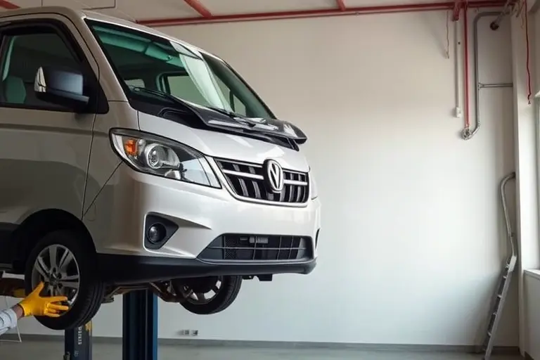 A realistic depiction of a mechanic replacing the windshield on a Chery Tiggo 4 Pro 1.5 Turbo 147 hp. The scene shows the car on a lift, the old glass removed, a new clear windshield being fitted, with tools and safety gloves visible. The background is a clean workshop with a subtle, neutral color palette.