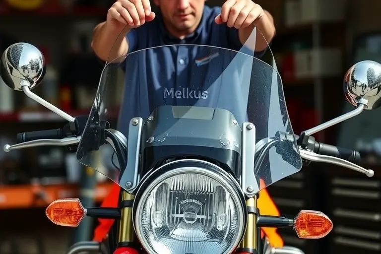 A close-up of a mechanic replacing the windshield on a Melkus RS 1000 motorcycle. The scene shows the motorcycle’s front end, the old windshield being removed, a new windshield being fitted, with tools and a workbench in a workshop setting. Focus on the windshield, chrome details, and the mechanic’s hands, illuminated by bright natural light.