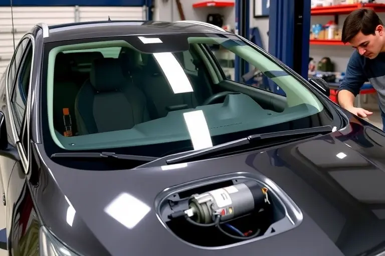 A detailed workshop scene showing a mechanic replacing the windshield of an Opel Astra PHEV 1.6 Turbo. The car is partially lifted on a hydraulic lift, the old windshield is removed, and a new clear glass panel is being installed. The electric motor of the PHEV is visible in the front of the car, with its wiring and connectors. The background shows workshop tools and a workbench. The focus is on the windshield replacement process, with emphasis on the new glass and the electric motor.