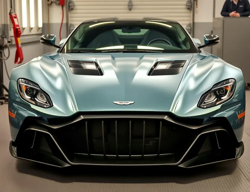 A high-quality image of an Aston Martin Valkyrie sports car with its front windshield being replaced, showing the car in a professional automotive service setting with realistic lighting and detailed textures, no text or numbers visible