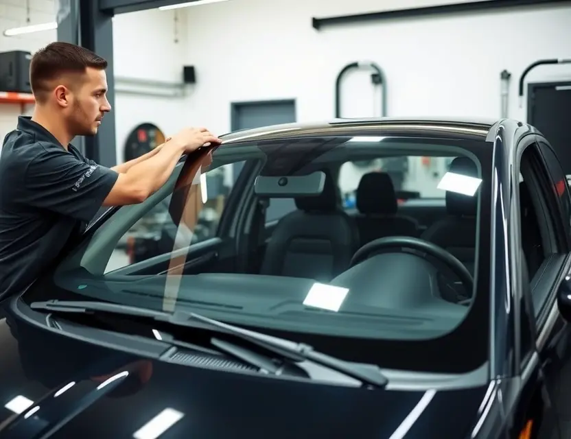A car repair shop showing a technician replacing the windshield of an Abarth Punto, with professional tools and equipment visible, clean and well-lit environment, no text or logos