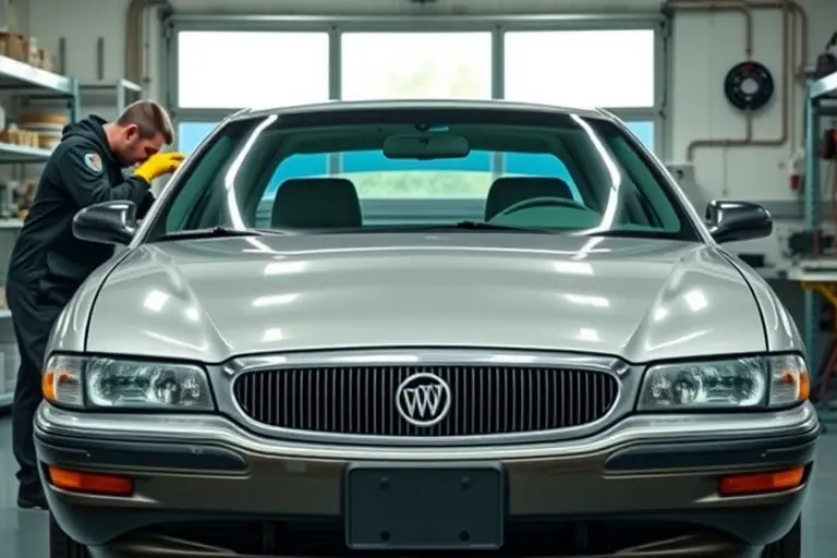 A detailed scene of a professional mechanic in a clean garage replacing the windshield of a 1997 Buick Park Avenue 3.8 V6. The car is positioned front‑center, with the old windshield partially lifted and a new glass ready to be installed. Include appropriate tools such as suction cups, a windshield removal tool, and safety gloves, emphasizing the precision of the work. The lighting is bright and realistic, highlighting the car's body lines and the glass surfaces.