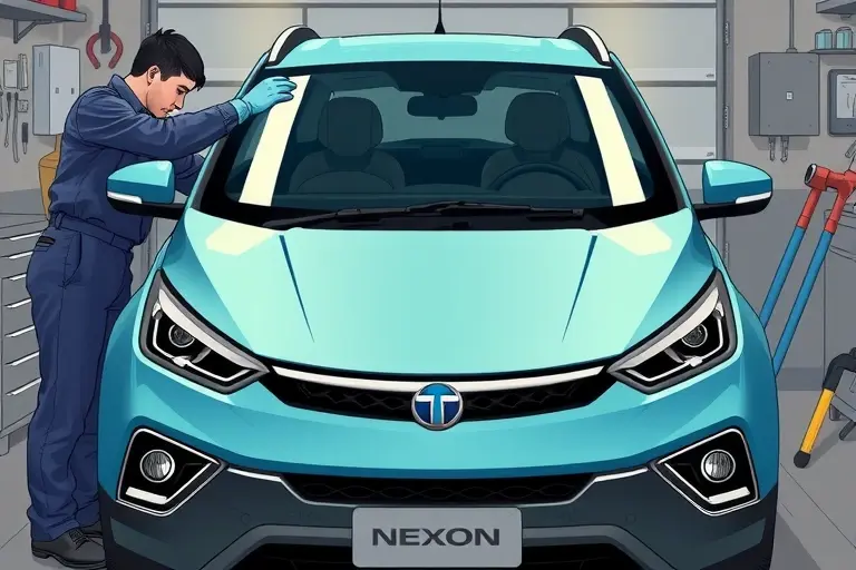 A detailed, realistic illustration of a mechanic replacing the windshield on a Tata Nexon EV electric car, showing the car's front profile, the new windshield in place, and tools being used, in a workshop setting.