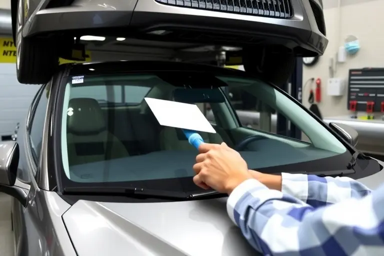 A detailed automotive repair shop scene showing a mechanic replacing the windshield of a 2018 Lexus ES 3.5 V6. The car is partially lifted on a hydraulic lift, the old windshield is removed, and a new clear glass panel is being fitted. Tools such as a suction cup, a glass cutter, and a sealant gun are present. The background features a clean workbench, a toolbox, and a safety mask. The focus is on the precision of the replacement process, with the new windshield clearly visible and the mechanic’s hands in action.