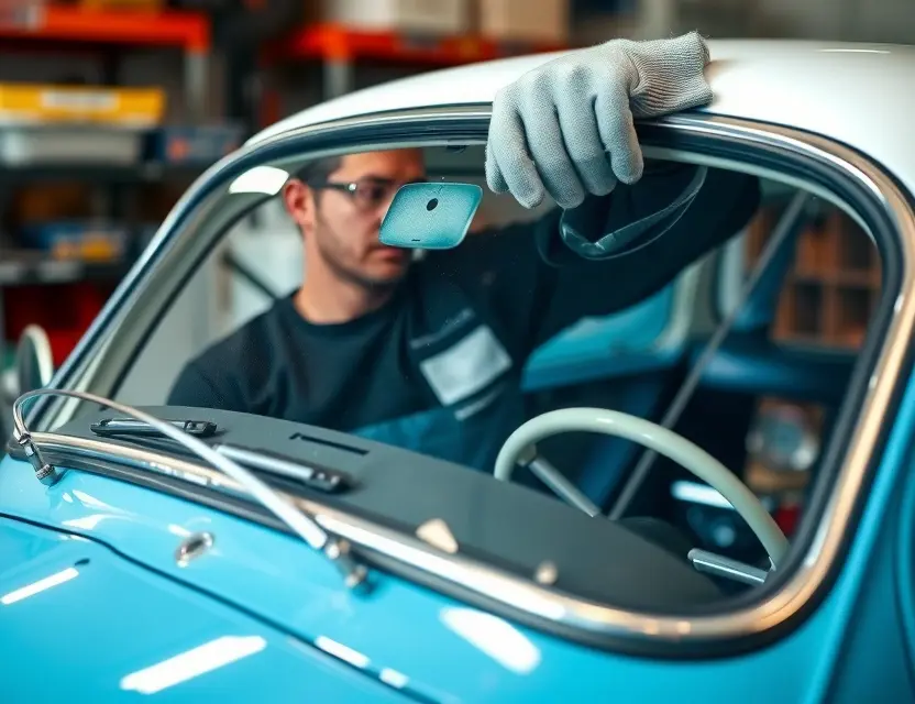A close-up shot of a DKW AU1000 windshield being replaced by a mechanic. The mechanic is wearing safety glasses and gloves. The windshield replacement process is visible, with tools and parts scattered around. Focus on the details of the windshield and the replacement procedure.