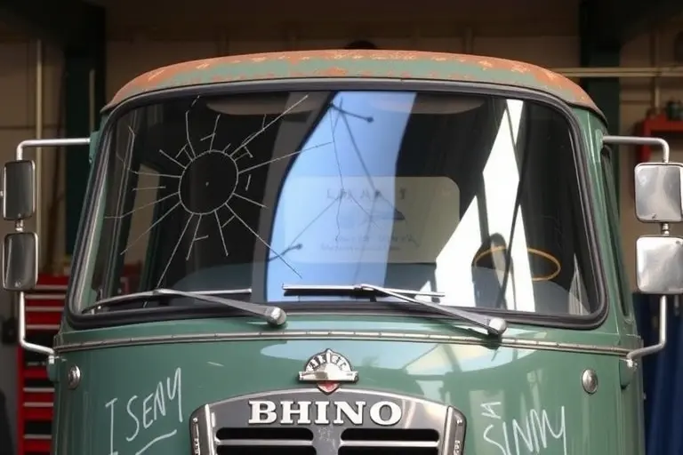 A mechanic replacing the windshield of a 1960s Hino Briska 1.5L 70hp truck, showing the old cracked windshield being removed and a new clear windshield being installed, with tools and the truck's front end visible, in a workshop setting