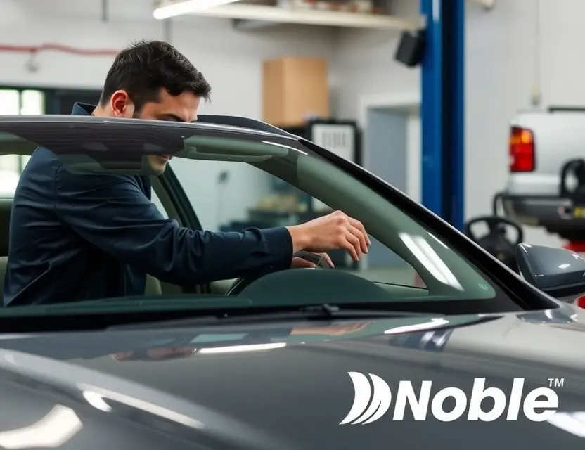 A high-quality image depicting a car windshield replacement service offered by Noble. The image should showcase a professional technician working on a car windshield, with a focus on the replacement process. The car should be a modern sedan, and the setting should be a clean, well-lit garage or workshop. The Noble logo should be subtly visible.
