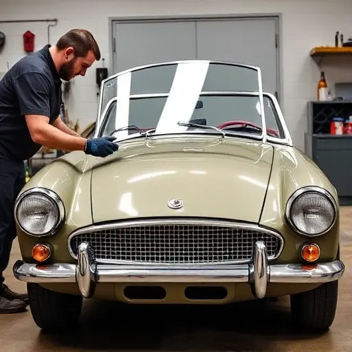 A classic 1960s Austin-Healey Sprite car with its hood open, a mechanic in work gloves holding a new windshield, the old broken windshield partially removed, all set in a clean garage environment with minimal background clutter