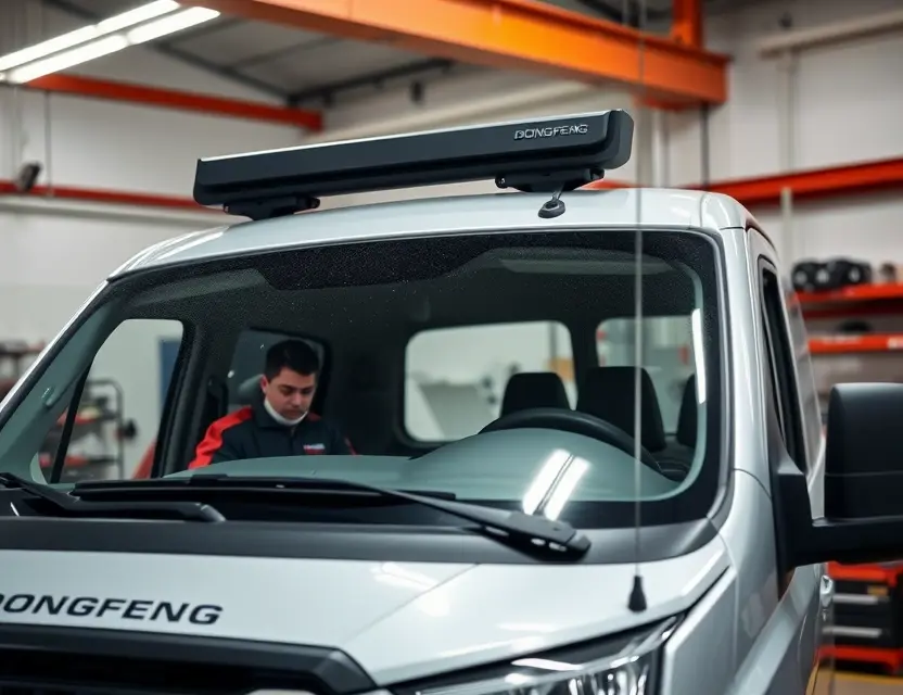 A car mechanic replacing the windshield of a Dongfeng vehicle in a well-lit garage, showing tools and new windshield being installed, professional atmosphere, no text or labels