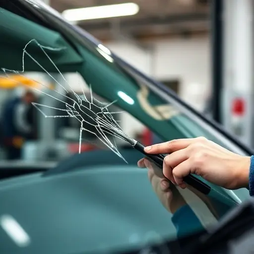 A close-up of a car windshield being replaced by a mechanic in a professional auto glass repair shop, showing the old cracked windshield being removed and a new one being installed with precision tools, focus on the glass and hands working, clean and realistic details
