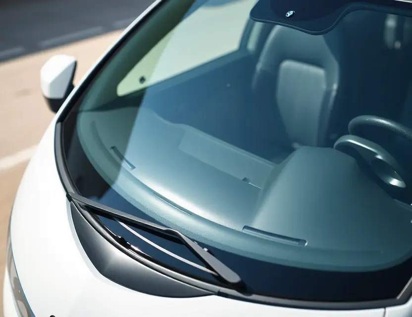 A close-up shot of a Jetour X70 with a replaced windshield, showcasing the new glass. The car is parked on a clean, bright surface. Focus on the clarity and quality of the replacement windshield.