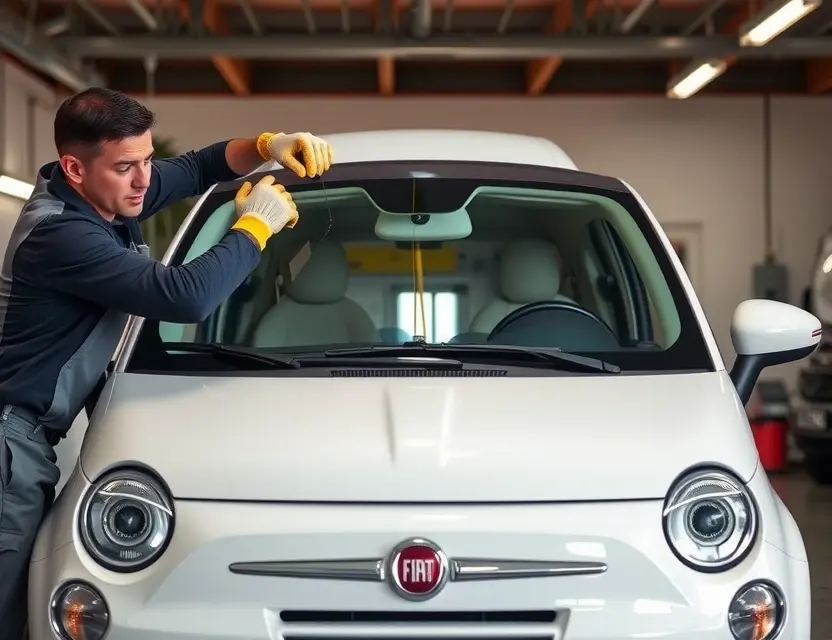 A professional mechanic replacing the windshield of a Fiat 500 car in a well-lit garage. The mechanic is wearing safety gloves and using specialized tools to carefully remove the old windshield and install the new one. The Fiat 500 is parked in the center of the image, with the hood open and various car parts visible in the background.