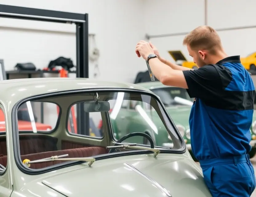 A mechanic is replacing the windshield of a classic Simca car in a garage. The car is raised on a lift, and the mechanic is using tools to remove the old windshield and install a new one. Focus on the car's windshield area and the mechanic's hands working. The garage should have typical garage elements like tools, shelves, and possibly other cars in the background, but blurred to keep the focus on the main subject.