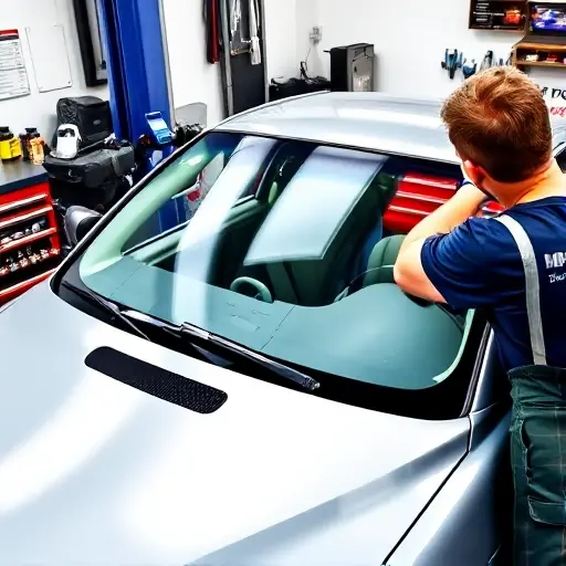 A detailed workshop scene showing a mechanic carefully removing and installing a new windshield on a BMW M5 E39 (1998–2003). The car is positioned on a lift or jack, its hood open to expose the windshield area. The mechanic, wearing gloves and a protective apron, is using a specialized suction tool and a small set of wrenches to secure the new glass. The new windshield is held in place by a clear adhesive strip, with a small amount of silicone sealant visible around the edges. The background includes a neatly organized workbench with automotive tools, a small container of cleaning solution, and a toolbox. The lighting is bright and focused on the windshield area, highlighting the glass clarity and the precision of the replacement process. No text, logos, or numbers are present in the image.