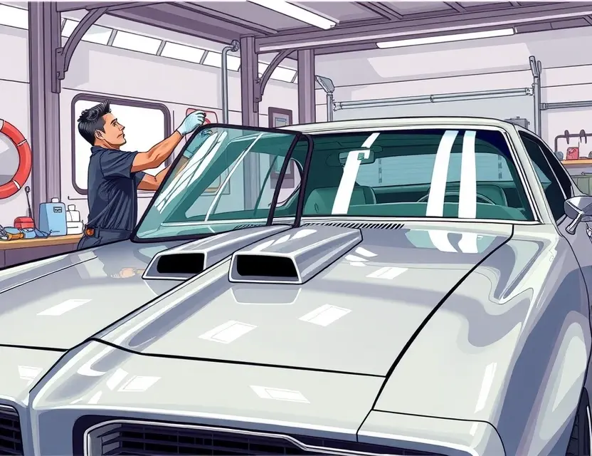 Замена лобового стекла Pontiac Trans Am A detailed illustration of a Pontiac Trans Am with its windshield being replaced, showing a mechanic carefully installing a new glass panel in a professional auto repair shop, with tools like suction cups, sealant gun, and protective gloves visible, the car's iconic hood scoop and muscle car design emphasized under bright workshop lighting