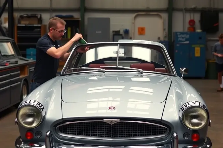 A classic 1969-1976 Bristol 411 luxury car with its distinctive rounded front end, shown in a workshop where a skilled mechanic is carefully removing the old windshield and installing a new one. The scene focuses on the car's sleek bodywork, the glass replacement process, and the high-quality craftsmanship, with realistic lighting and detailed textures.