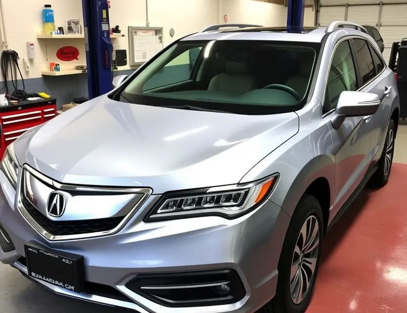 A modern Acura RDX with a newly replaced front windshield, clean and shiny, parked in a well-lit auto service center with professional tools nearby, no people, no text, no logos