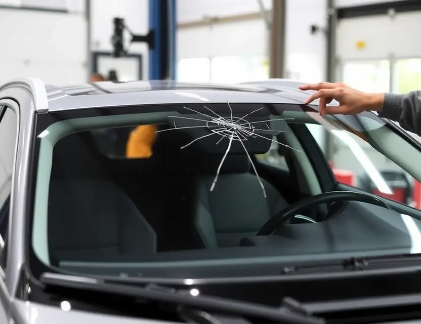 A Volvo EX30 with a cracked windshield undergoing a windshield replacement. The replacement windshield is being installed by a technician. The background shows a garage or workshop setting. Focus on the replacement process and the vehicle's exterior.