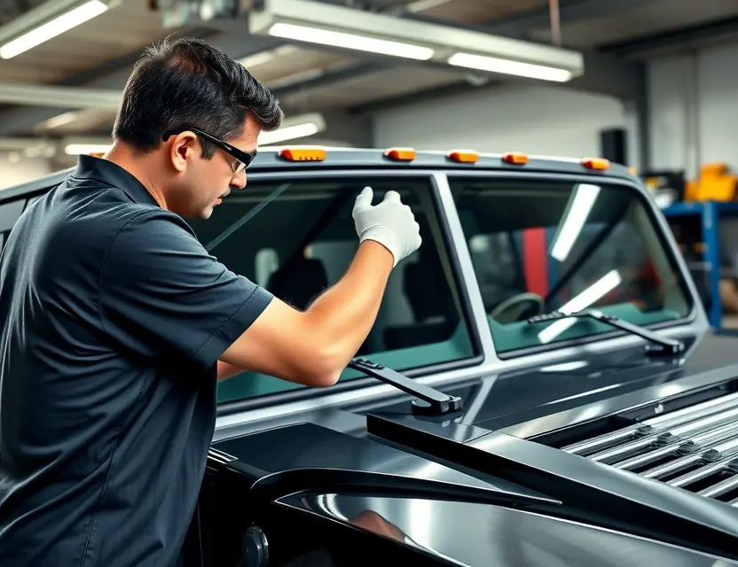 A detailed scene of a professional mechanic replacing the windshield of a Hummer H1. The mechanic is wearing safety gloves and goggles, carefully removing the old windshield and preparing to install a new one. The Hummer H1 is parked in a well-lit garage with various automotive tools and equipment in the background.