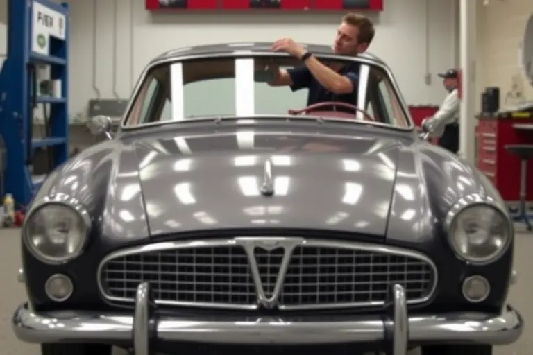 A classic 1958-1961 Bristol 406 automobile in a workshop, viewed from the front with a mechanic carefully installing a new windshield. The scene shows the car's elegant chrome grille, smooth body lines, and the partially removed old glass, emphasizing the precision of the replacement process. The background is a clean, well-lit garage with tools and equipment, but no visible brand logos or text.