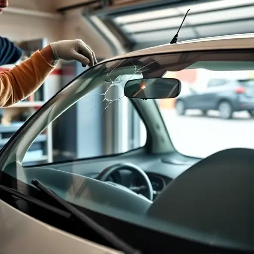 Close-up, realistic photo of a mechanic carefully removing the cracked windshield from a small white Aixam city car inside a tidy garage. The windshield is half lifted out, revealing the dashboard and steering wheel. Soft daylight enters from the open garage door, highlighting the glass edges and the mechanic's gloved hands.