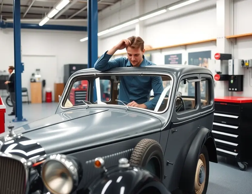 A professional automotive service center showing a technician carefully replacing the windshield of an Alvis TD car, with modern tools and equipment visible, clean and well-lit environment, no people other than the technician, no text or logos