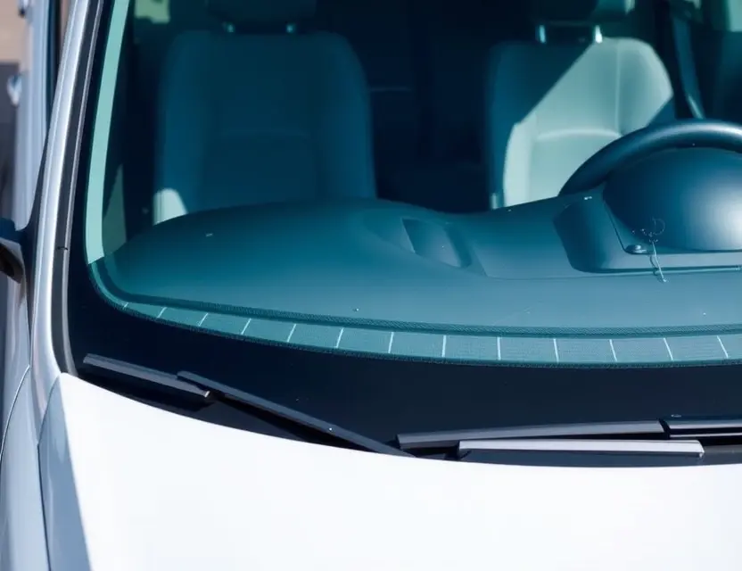 A high-quality image depicting a SEAT car with a replaced windshield. The windshield is visibly new and clear, contrasting with the older, replaced section. The car should be parked on a clean, well-lit surface. Focus on the detail of the replacement process and the clarity of the new windshield.