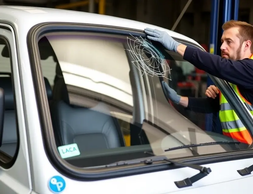 A LADA Niva Travel with a cracked windshield being replaced by a mechanic. The mechanic is wearing a safety vest and gloves, and the replacement windshield is being installed. The background shows a garage or workshop setting.