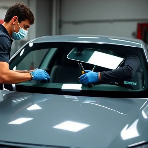 A realistic, high-quality close-up of a mechanic in a garage, wearing gloves and a protective mask, carefully installing a new windshield on an Audi e-tron GT quattro 476 hp (2021 model). The scene shows the car's front partially opened, revealing the windshield area, with tools and a replacement glass panel in the mechanic's hands. The background is a clean workshop setting with subtle lighting, emphasizing the precision of the replacement process. No text, letters, or digits are present in the image.