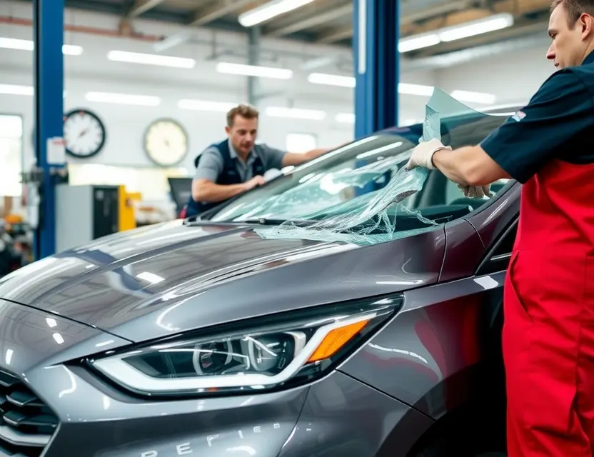 A modern car with a damaged front windshield being replaced by a professional technician in a well-lit auto service center, showing the new windshield being carefully installed, no text or logos visible