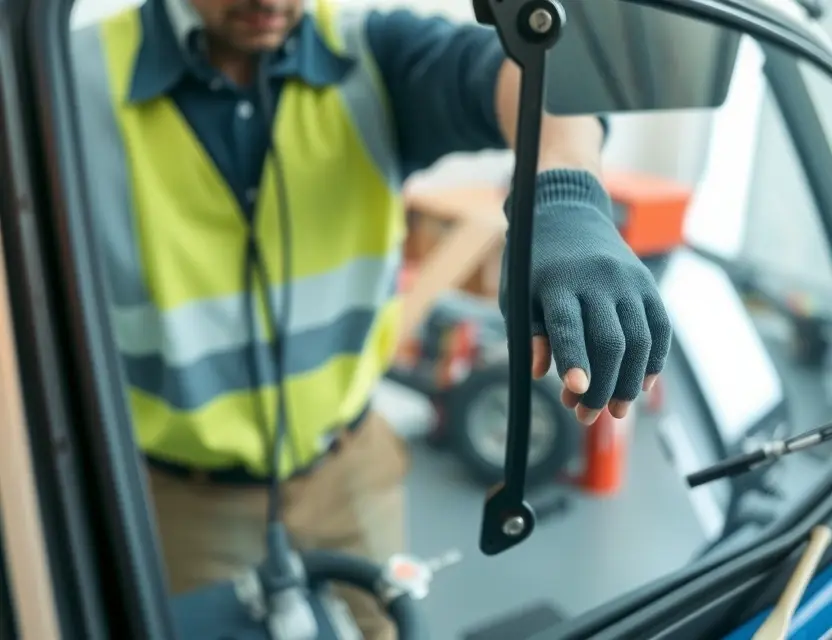 A close-up shot of a ZAZ 1102 Tavria windshield being replaced by a mechanic. The mechanic is wearing gloves and a safety vest. The windshield replacement process is visible, with tools and parts scattered around. Focus on the details of the windshield and the replacement procedure.