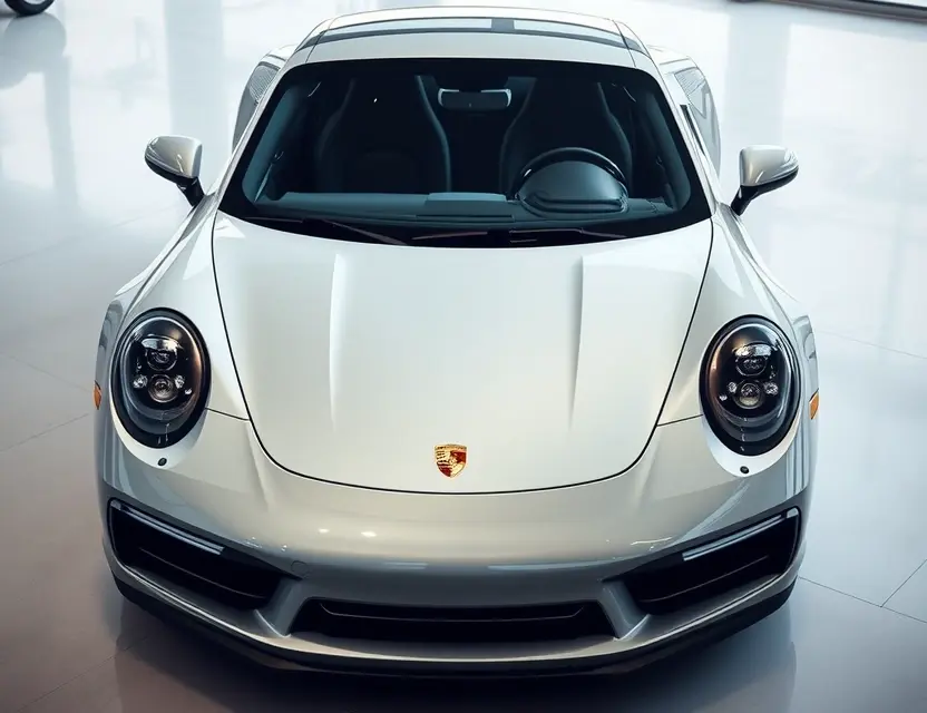 A high-quality image depicting a Porsche with a replaced windshield. The car should be parked on a clean, well-lit surface, possibly a showroom or a professional auto repair shop. The replaced windshield should be clearly visible, showing the new glass. Focus on the details of the replacement process, highlighting the precision and quality of the work.