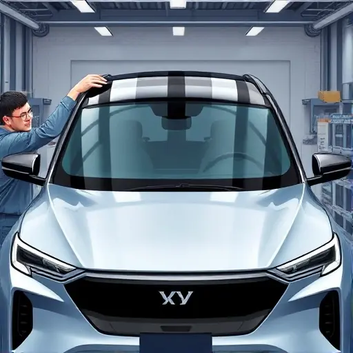 A detailed illustration of an XPeng X9 electric SUV (2023 model) in a modern auto repair garage, focusing on a technician carefully removing the old windshield and installing a new one. The scene shows the car's front view with the hood open, the windshield frame exposed, and tools like suction cups and a protective film. Emphasize realistic lighting, reflections on the glass, and the sleek design of the vehicle, without any text or branding.