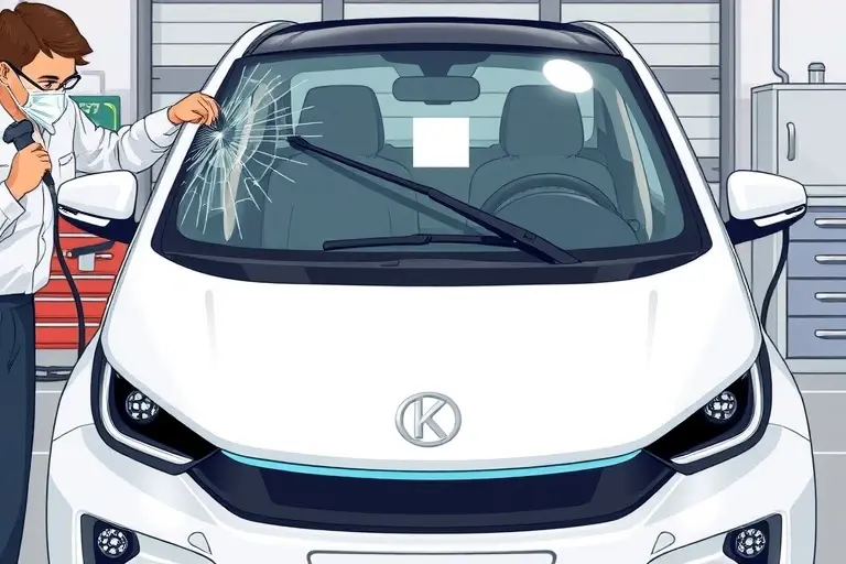 A detailed illustration of a mechanic replacing the windshield on a Kandi K23 electric car, showing the car's front profile, the old cracked windshield being removed, the new clear windshield being fitted, tools such as a suction cup, a sealant dispenser, and a protective cover. The scene should emphasize the car's sleek design, the electric vehicle's charging port, and a clean workshop environment with a subtle background of a garage. No text or numbers should appear in the image.