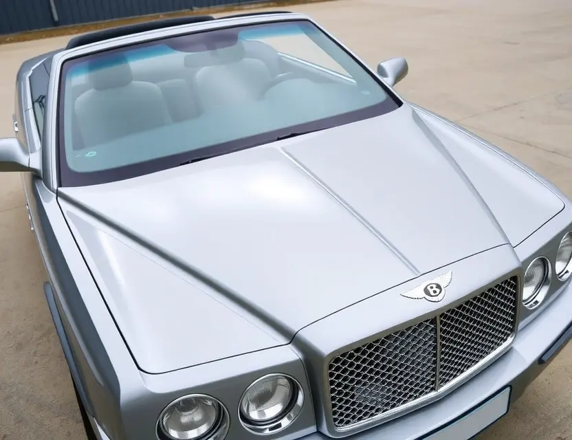 A Bentley Azure with a replaced windshield, showcasing the new glass. The car is parked on a clean, well-lit surface. Focus on the clarity and quality of the replacement windshield.